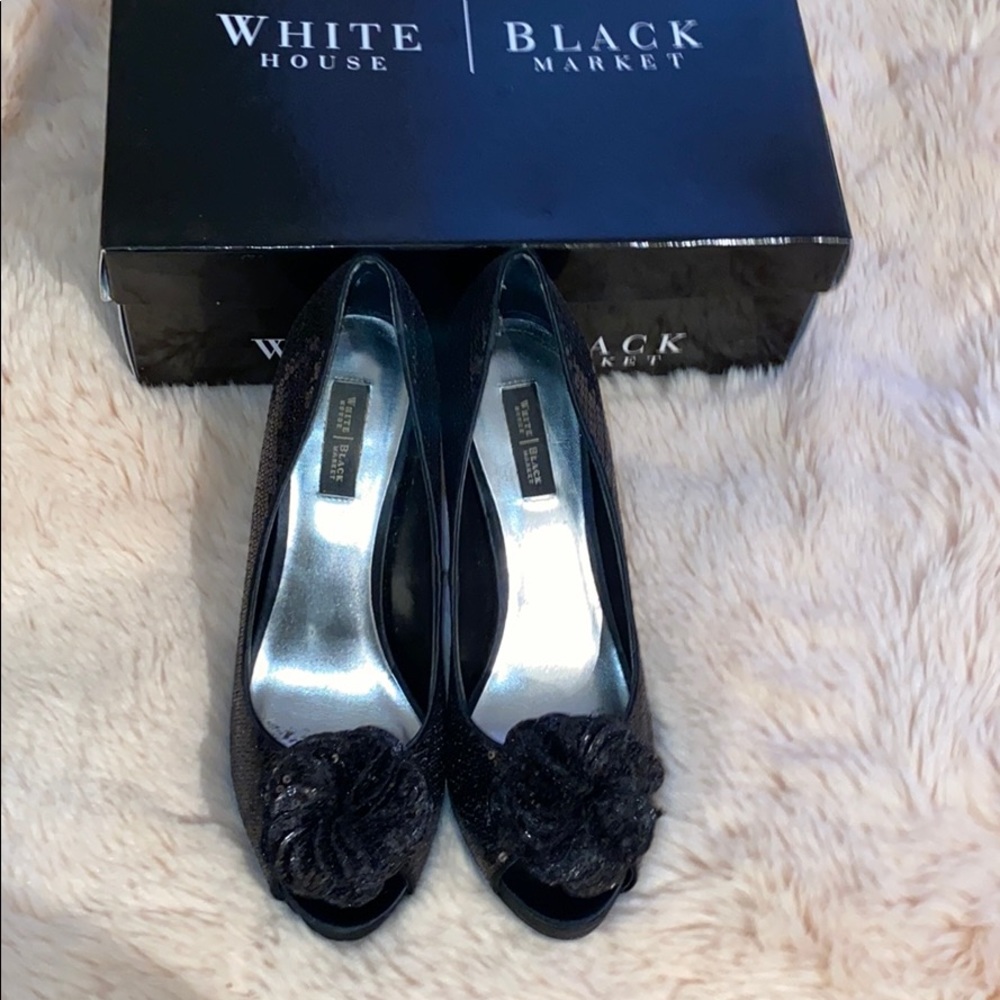 White House Black Market Black Peep-Toe Heels with Floral Accent